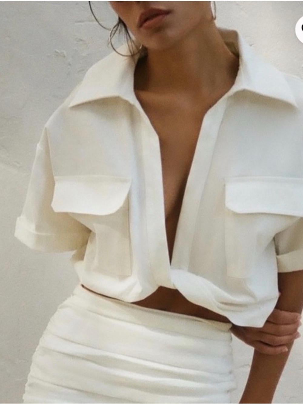 Zara White Notched Collar Crop Top with Cuffed Sleeves